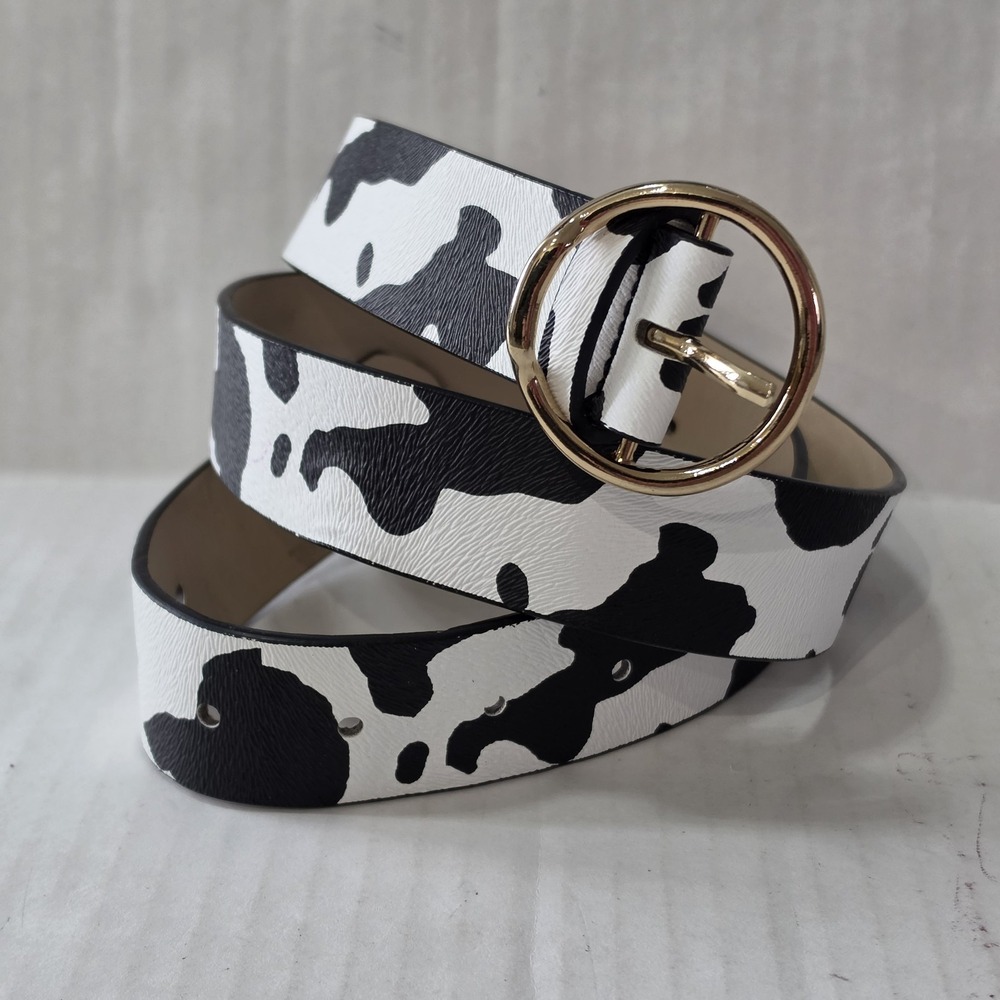 Women's Cow Print Cowgirl Black And White Belt Gold Buckle Western 39"